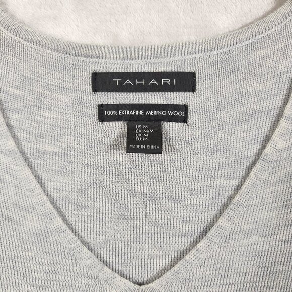 TAHARI Extra Fine Merino wool Long sleeveless sweater with slits Gray, size M - Picture 2 of 10